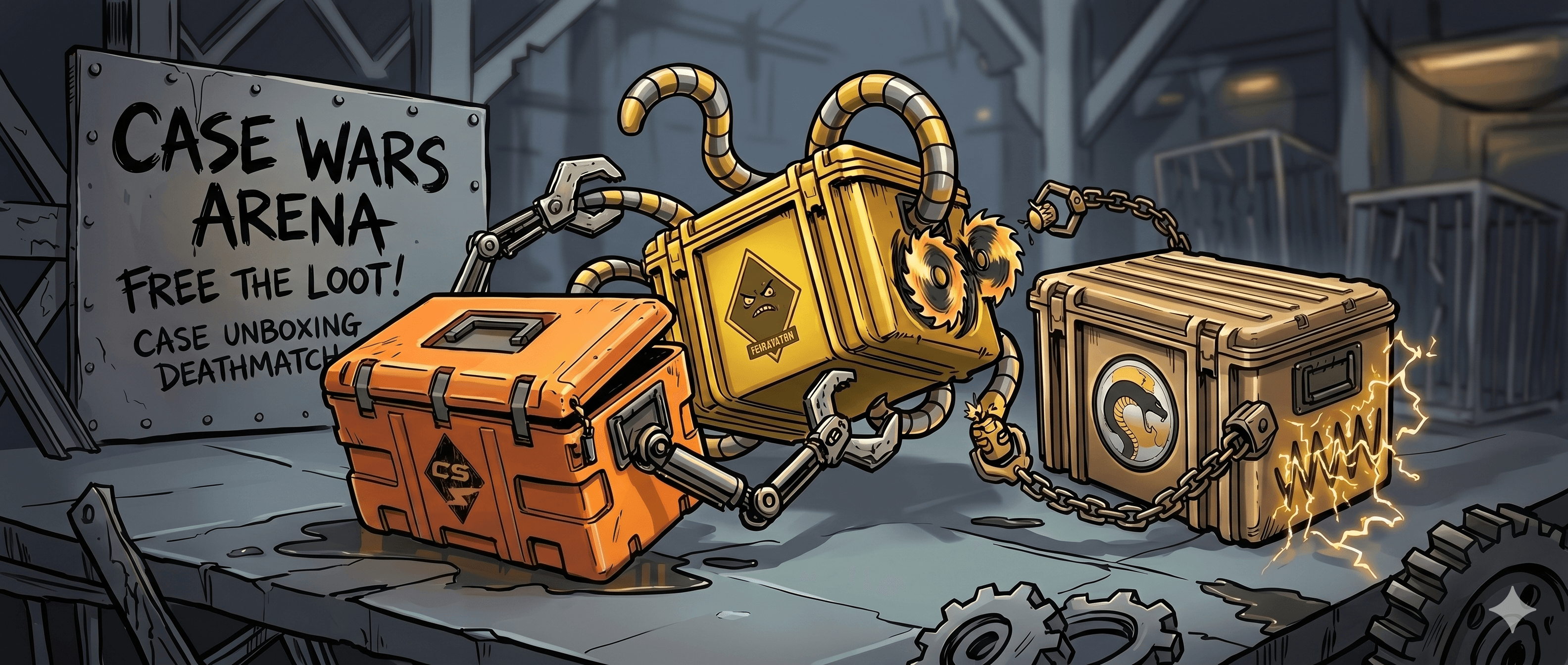 CS2 and CSGO Case Opening Simulator hero — showing a weapon case surrounded by floating skins, knives, and gloves. Open 674+ cases free, realistic Valve drop rates.